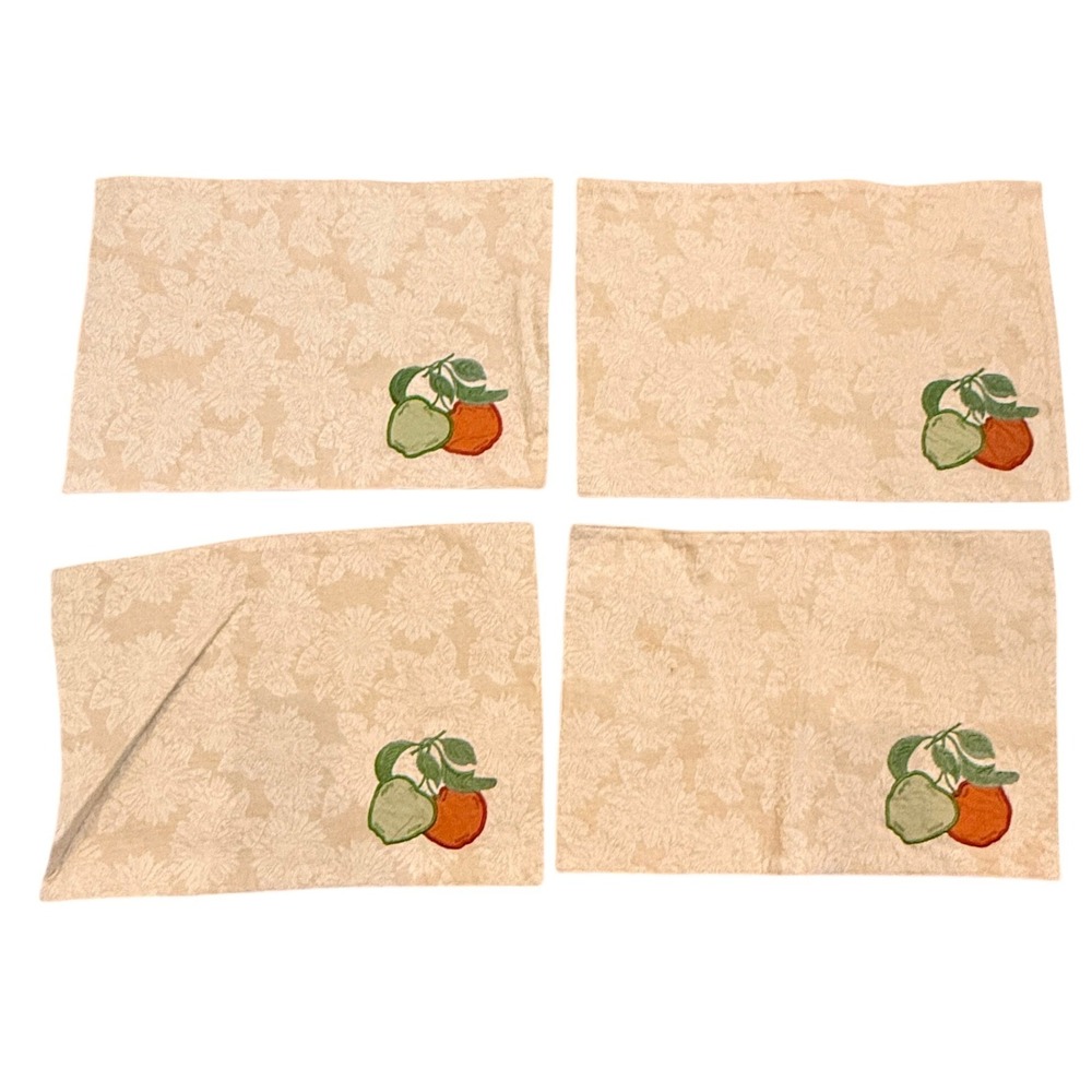 Vintage Placemats Set 4 Embroidered Fruit Apple Orange Damask Beige 18x12 Cotton